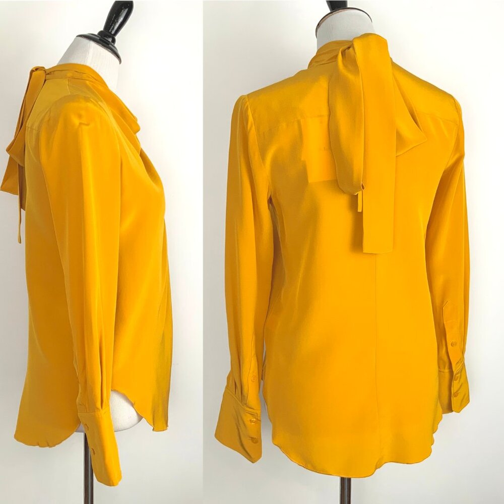 New A.L.C. Sophie 100% Silk Draped Tied Neck Yellow Blouse Sz 0 - 4 - Picture 4 of 16